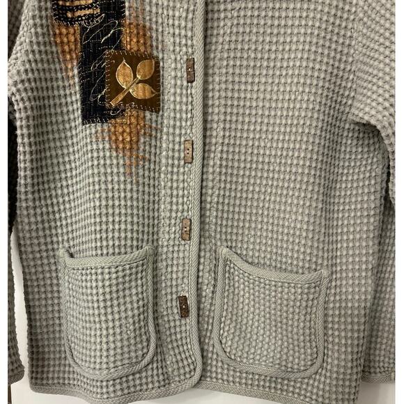 Focus Casual Life Gray Cotton Waffle Knit Embroidered Painted Cardigan Sweater S - Picture 4 of 12